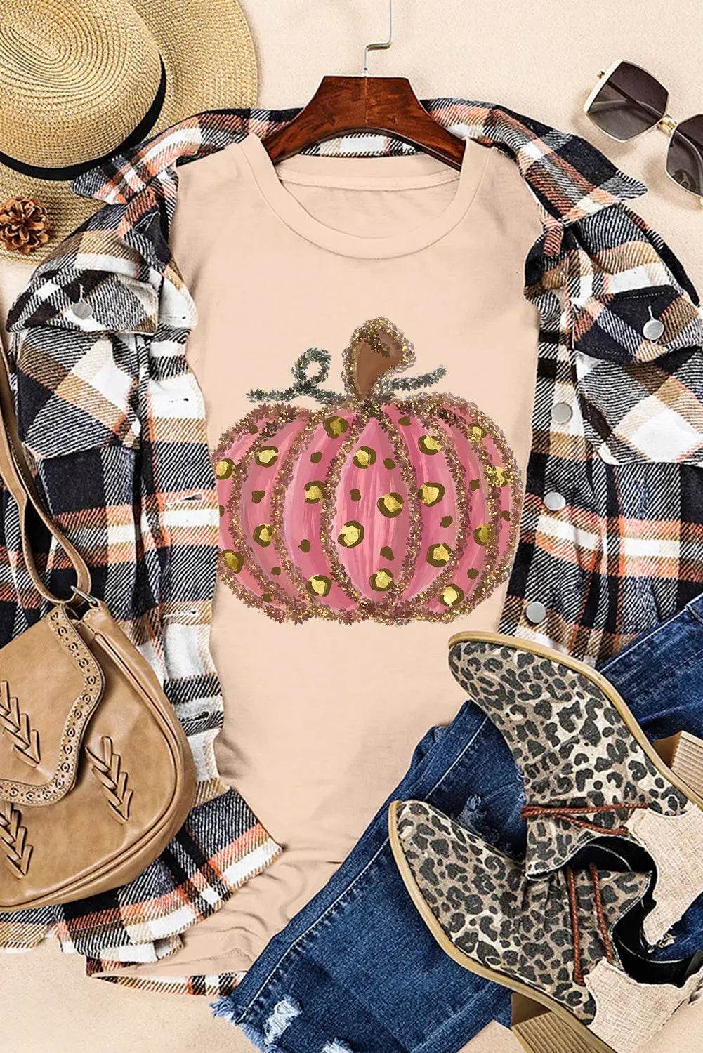 Pumpkin Round Neck Short Sleeve T-Shirt - ELY VESSA LLC
