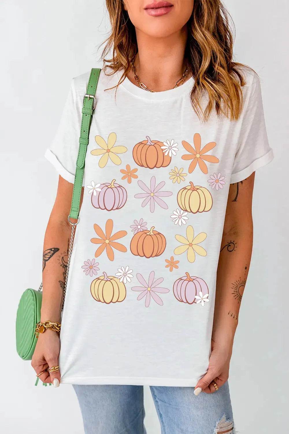 Pumpkin & Flower Round Neck Short Sleeve T-Shirt - ELY VESSA LLC