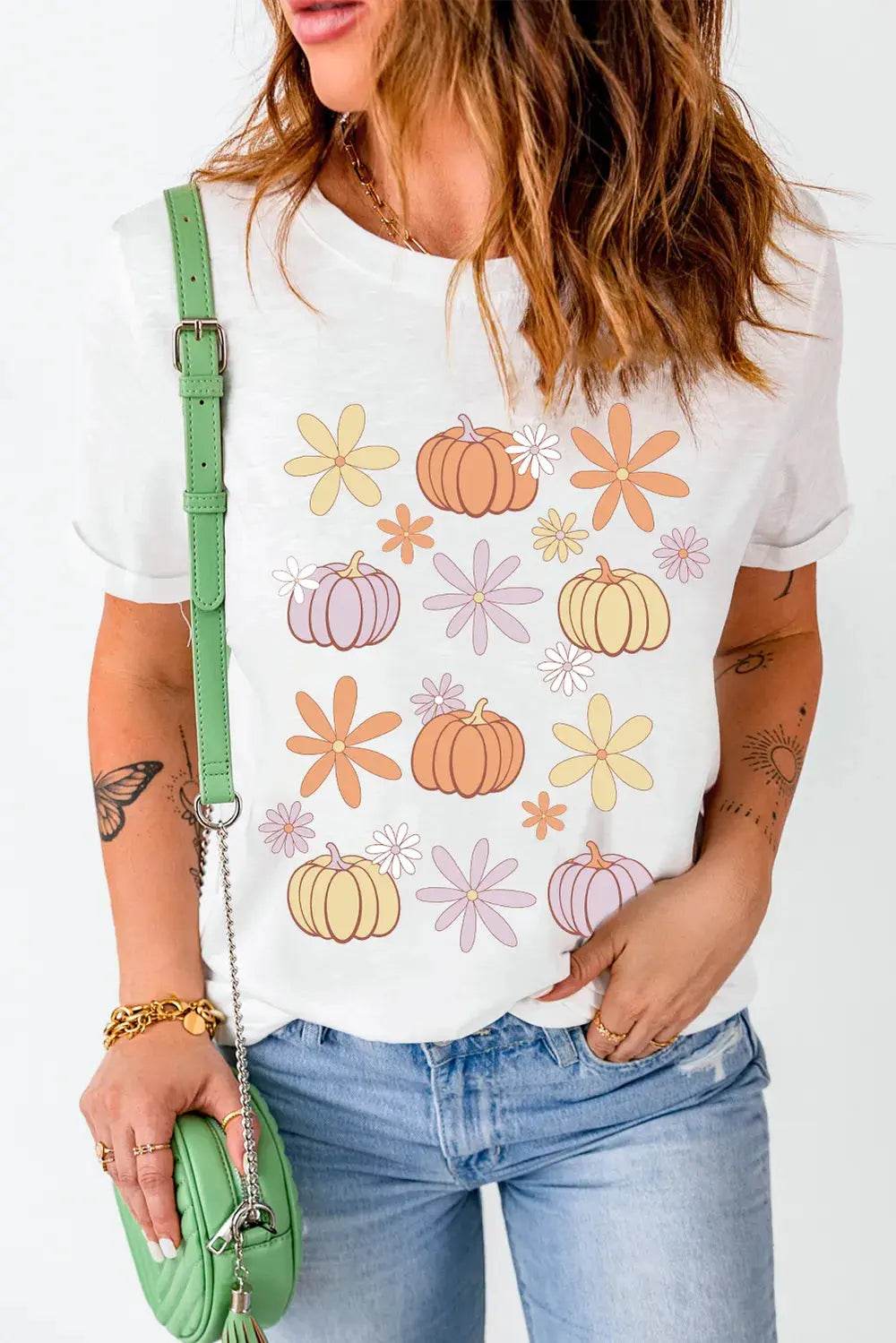 Pumpkin & Flower Round Neck Short Sleeve T-Shirt - ELY VESSA LLC
