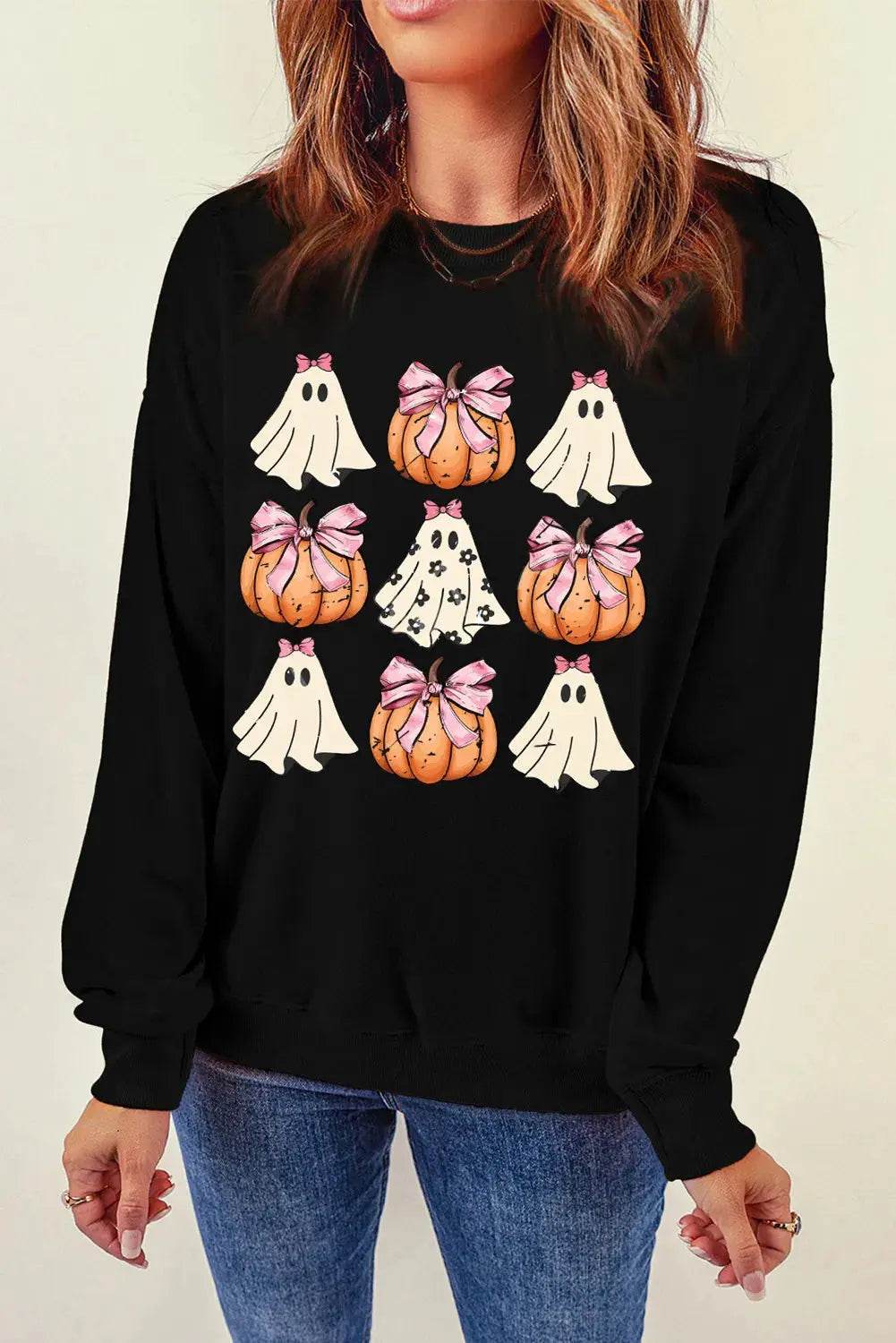 Pumpkin & Ghost Round Neck Long Sleeve Sweatshirt - ELY VESSA LLC