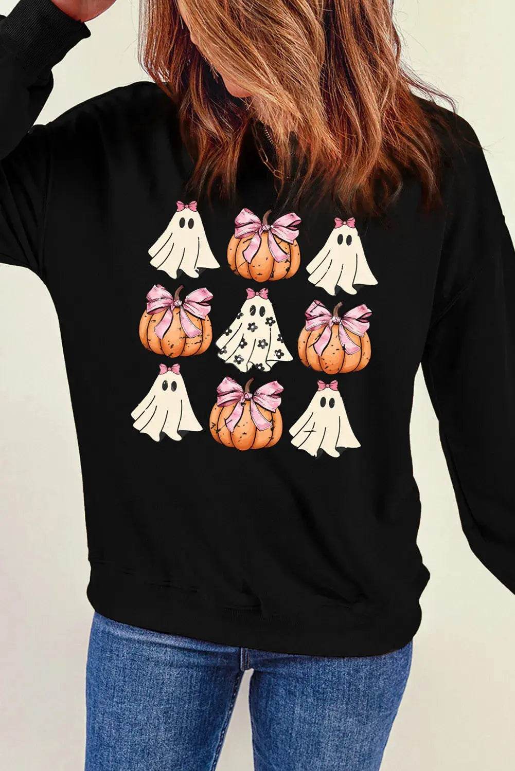 Pumpkin & Ghost Round Neck Long Sleeve Sweatshirt - ELY VESSA LLC