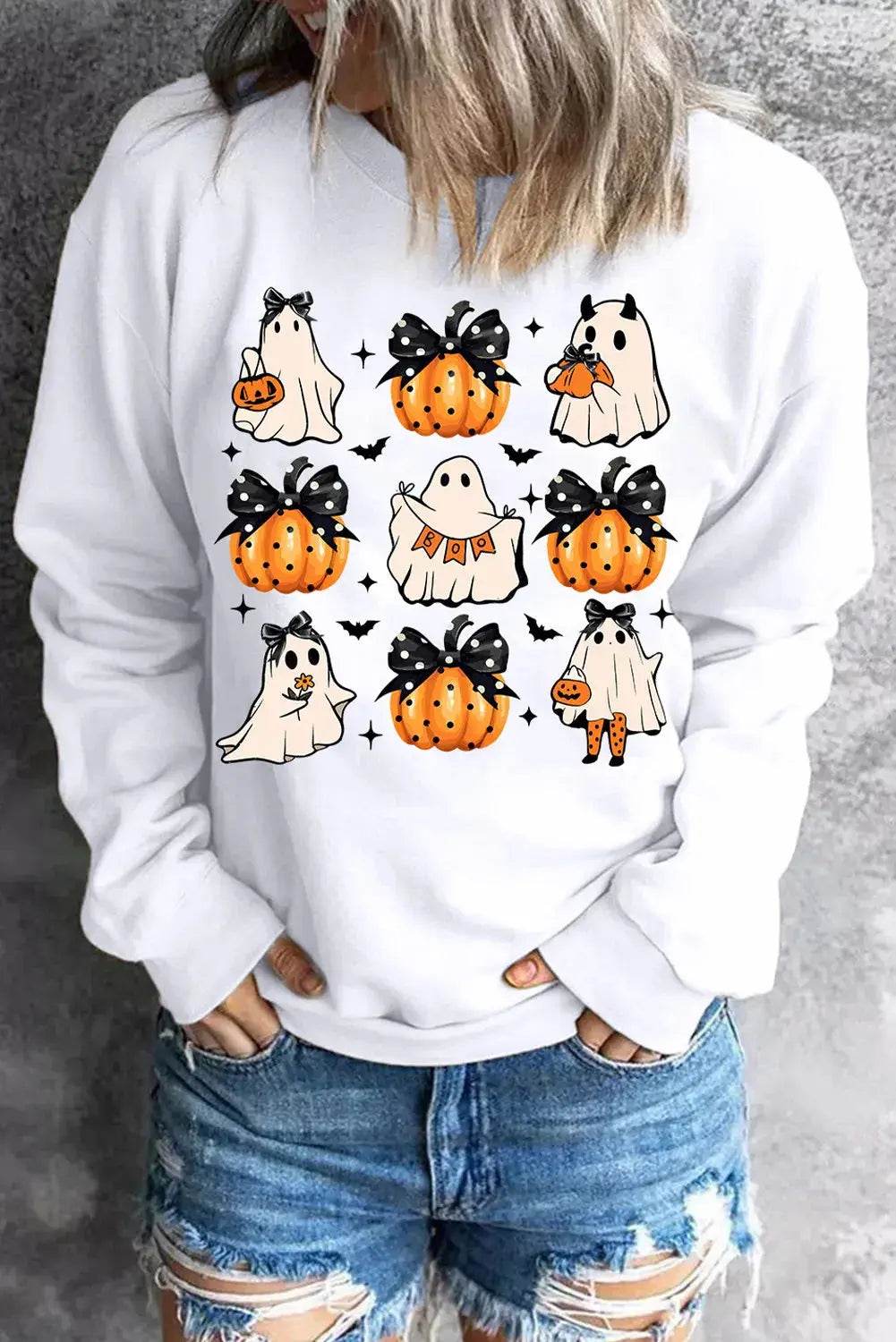 Pumpkin & Ghost Round Neck Long Sleeve Sweatshirt - ELY VESSA LLC