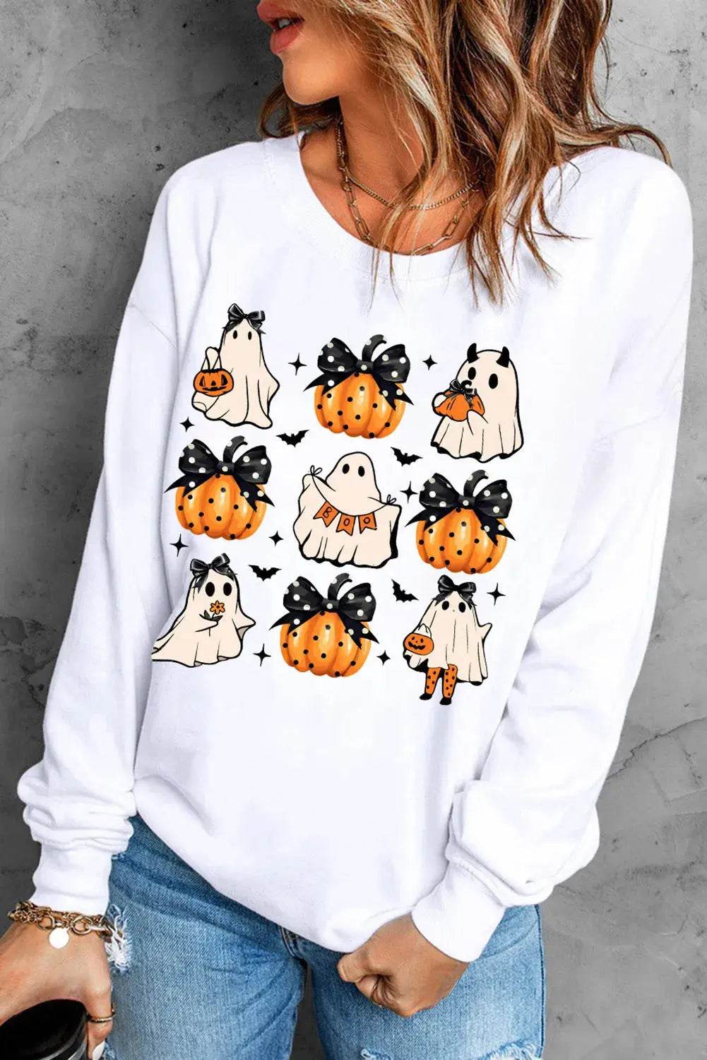 Pumpkin & Ghost Round Neck Long Sleeve Sweatshirt - ELY VESSA LLC