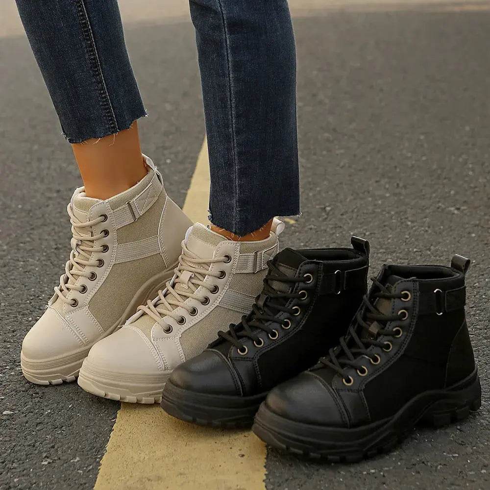 Round-Toe Lace-Up Boots - ELY VESSA LLC