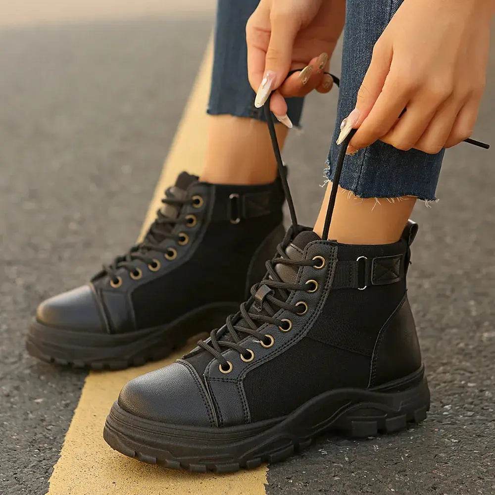 Round-Toe Lace-Up Boots - ELY VESSA LLC