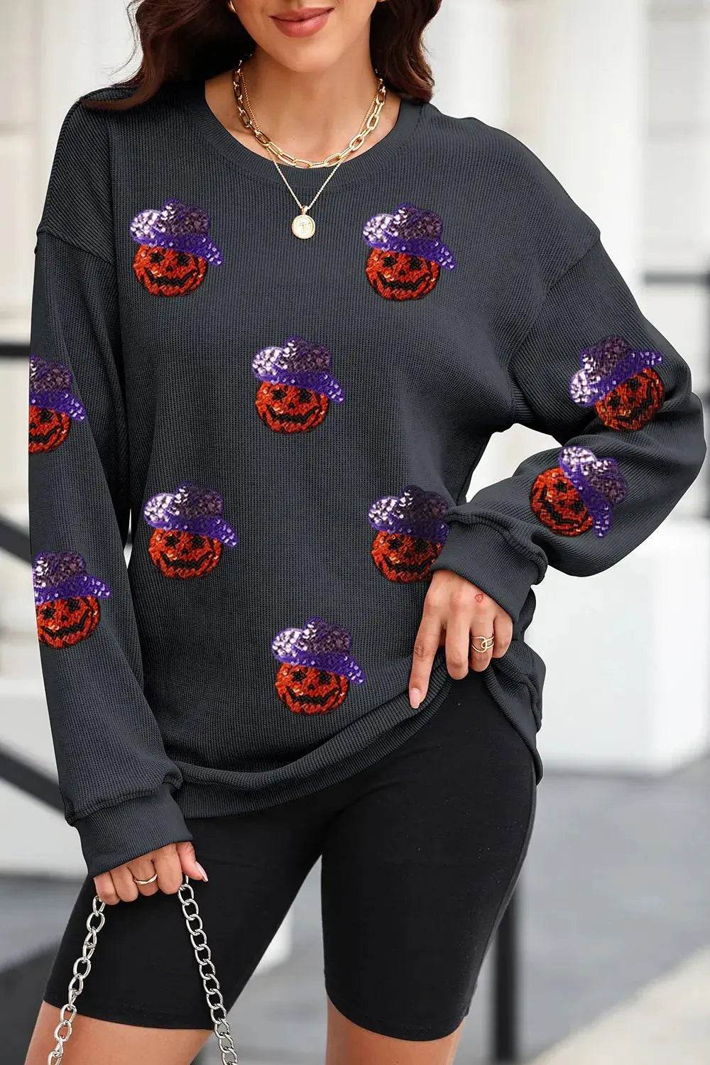 Sequin Pumpkin Long Sleeve Sweatshirt - ELY VESSA LLC