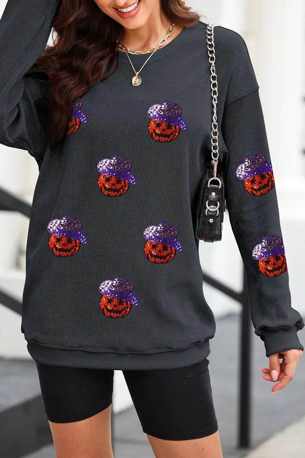 Sequin Pumpkin Long Sleeve Sweatshirt - ELY VESSA LLC