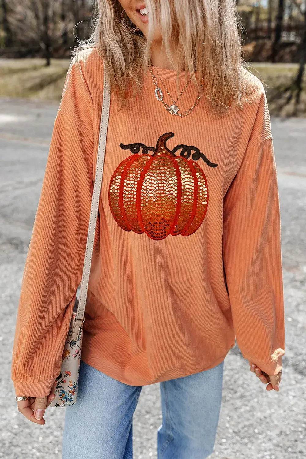 Sequin Pumpkin Round Neck Long Sleeve Sweatshirt - ELY VESSA LLC