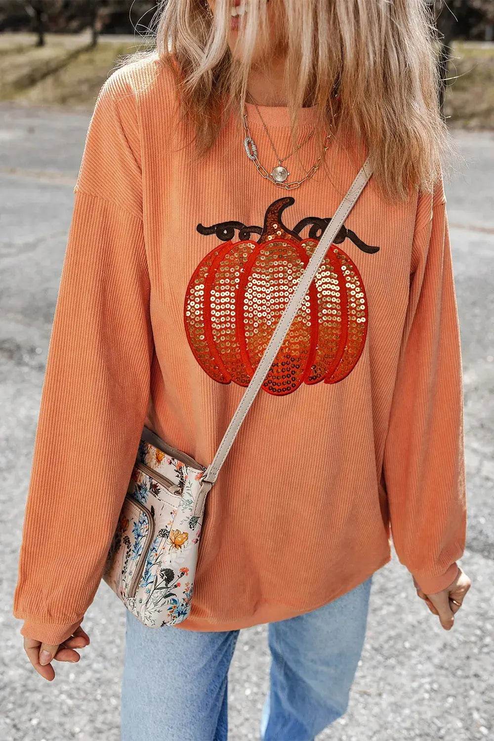 Sequin Pumpkin Round Neck Long Sleeve Sweatshirt - ELY VESSA LLC