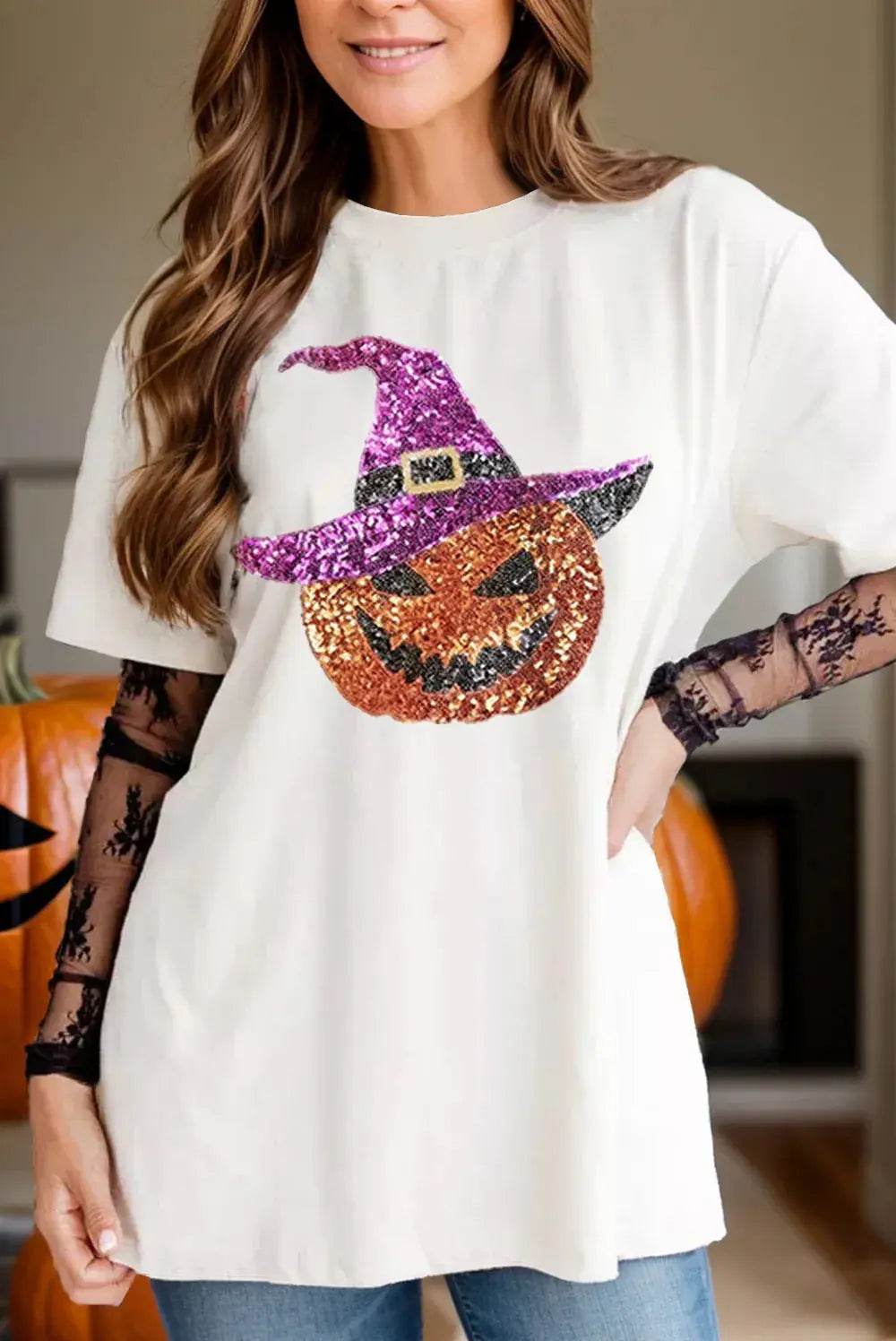 Sequin Pumpkin Round Neck Short Sleeve T-Shirt - ELY VESSA LLC