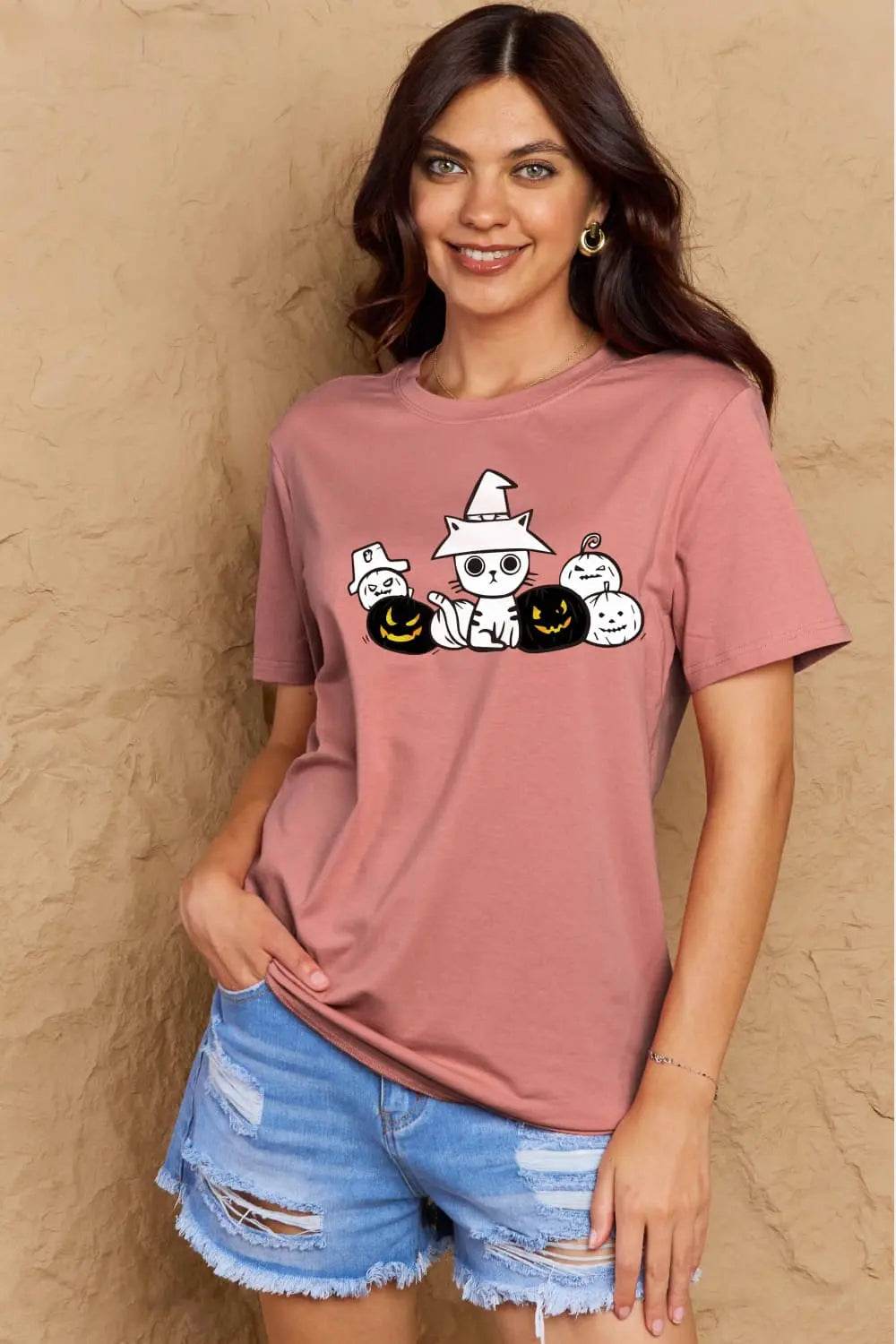 Simply Love Full Size Cat & Pumpkin Graphic Cotton T-Shirt - ELY VESSA LLC