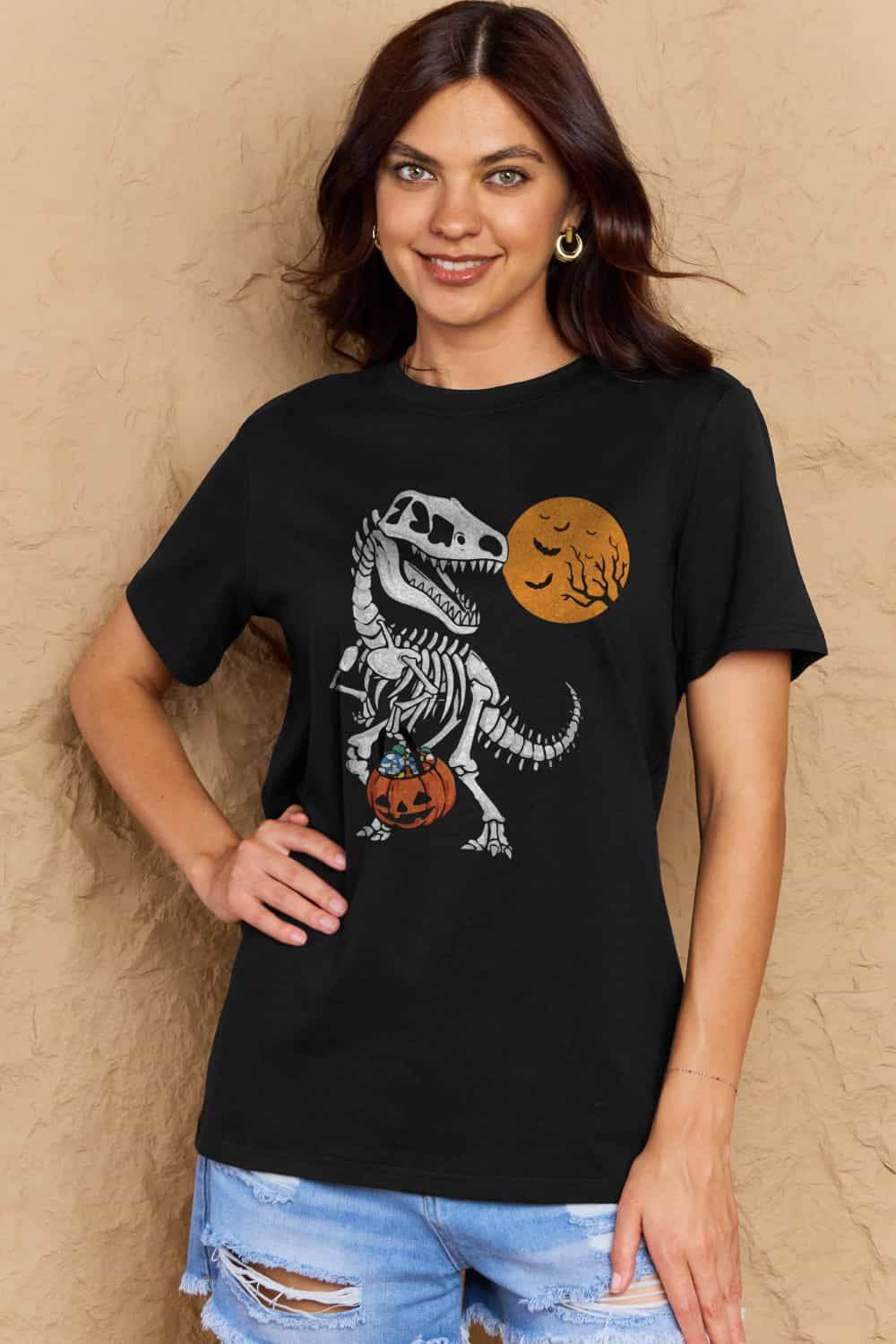 Simply Love Full Size Dinosaur Skeleton Graphic Cotton T-Shirt - ELY VESSA LLC