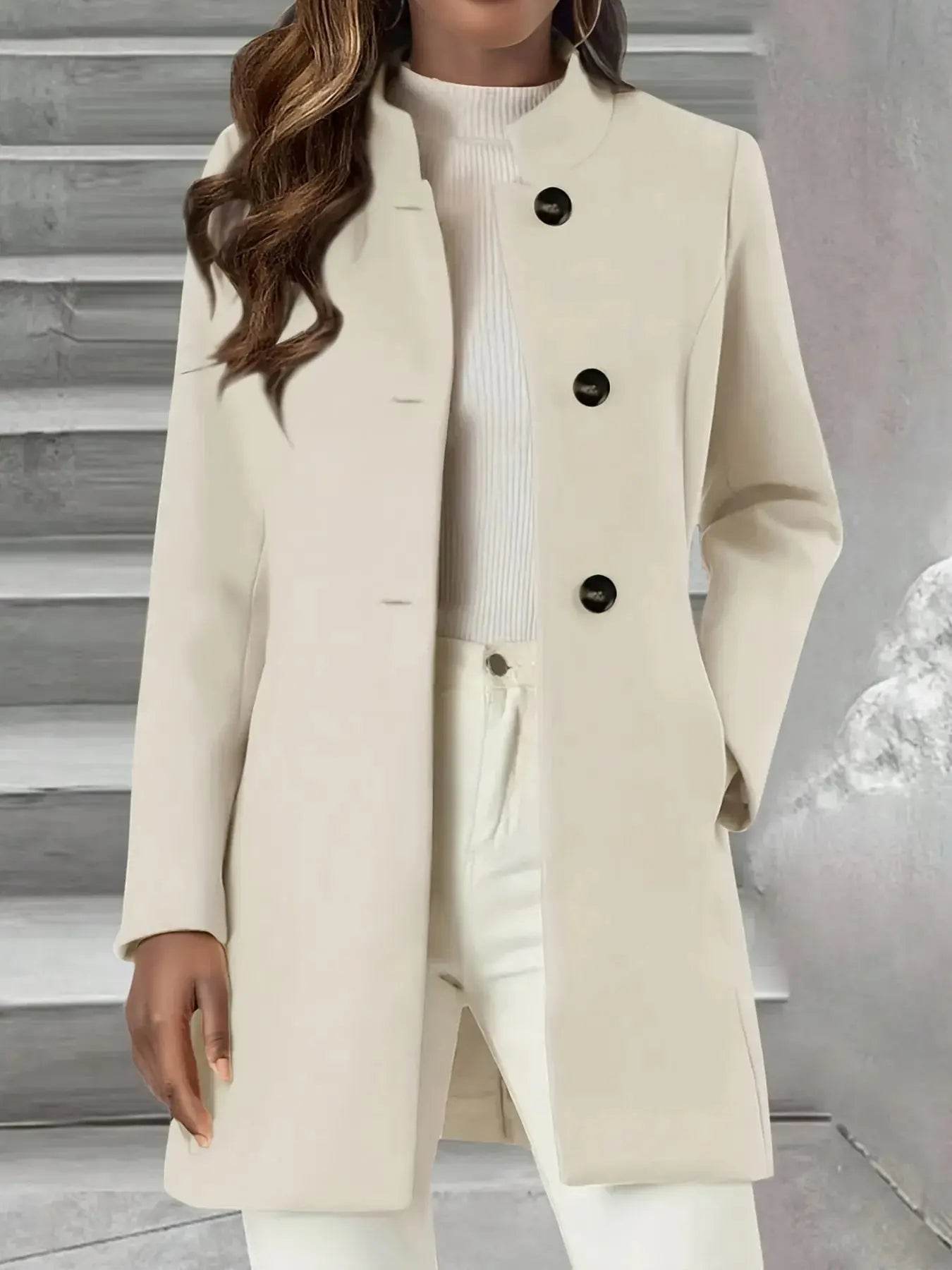 Single-Breasted Stand Collar Coat with Pocket - ELY VESSA LLC