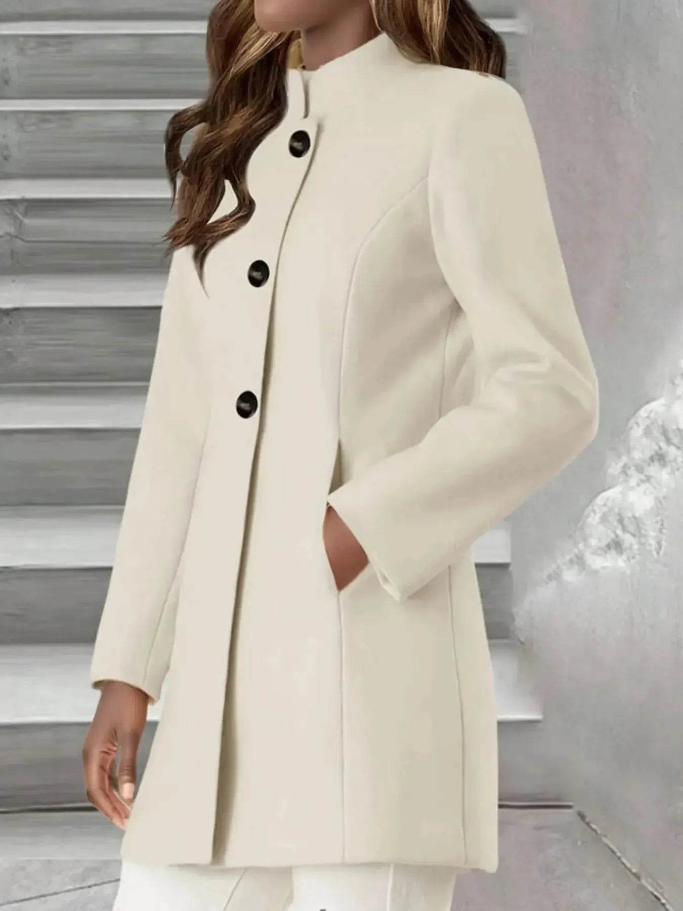 Single-Breasted Stand Collar Coat with Pocket - ELY VESSA LLC