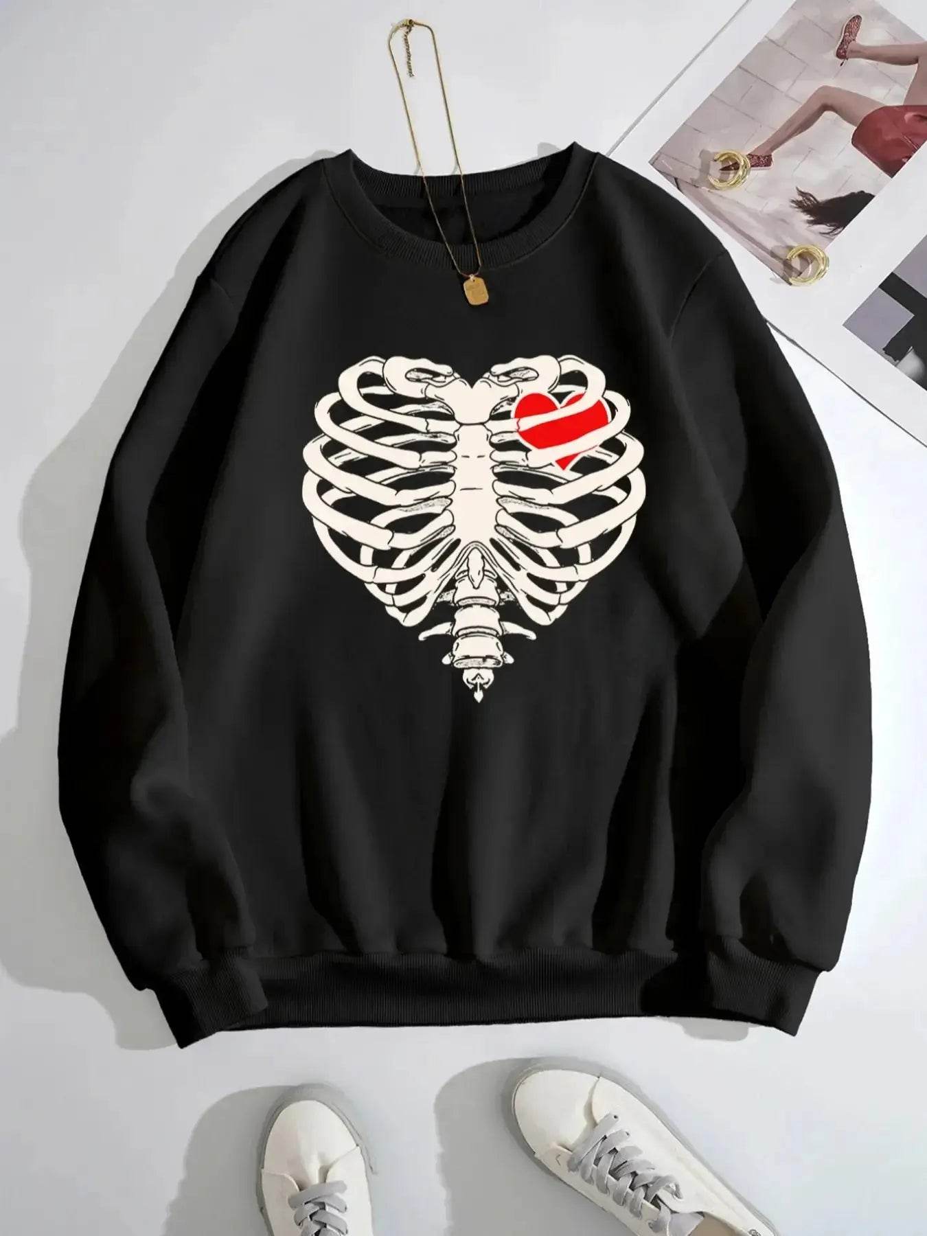 Skeleton Heart Round Neck Sweatshirt - ELY VESSA LLC