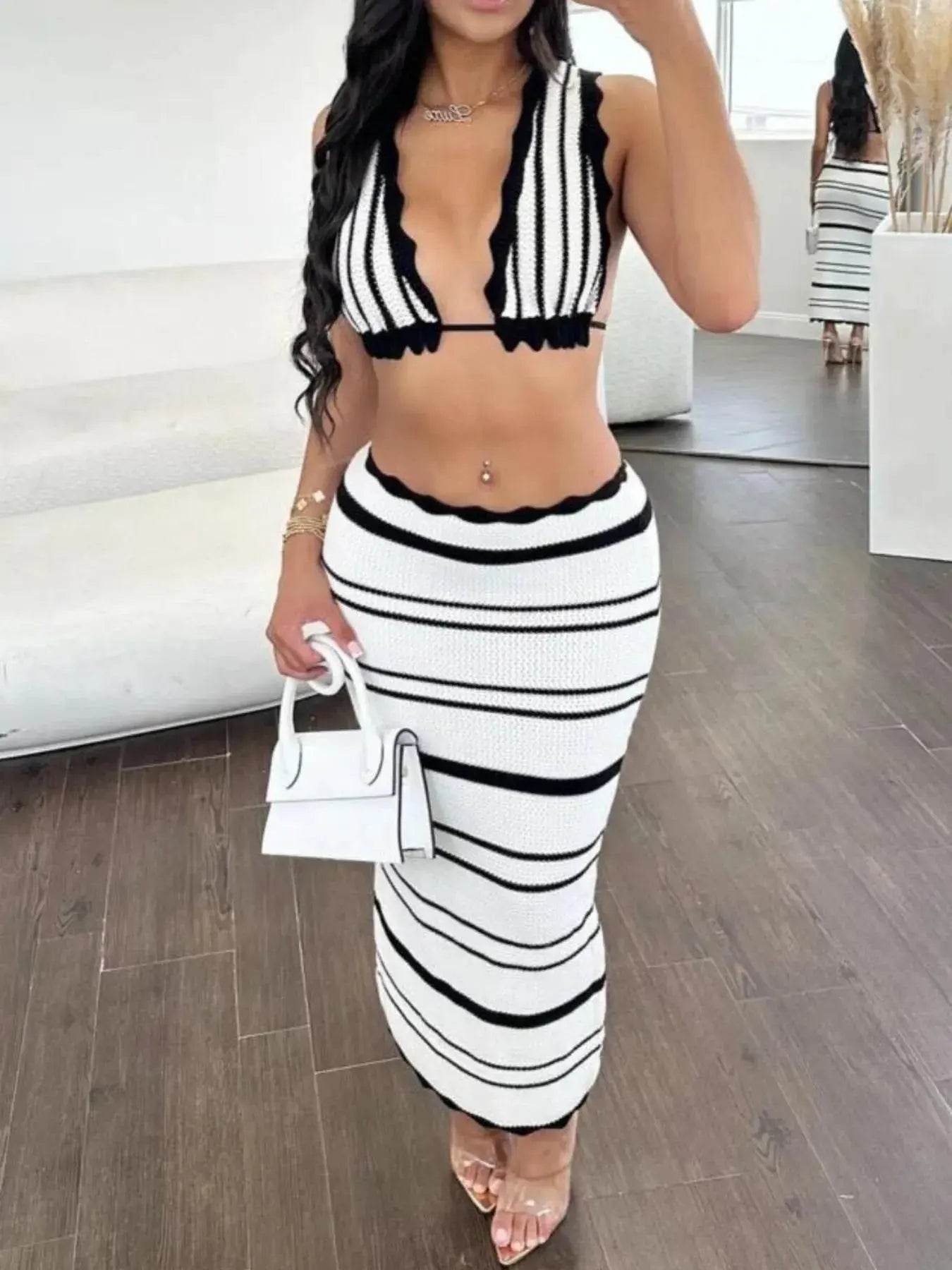 Striped Cami and Midi Skirt Sweater Set - ELY VESSA LLC