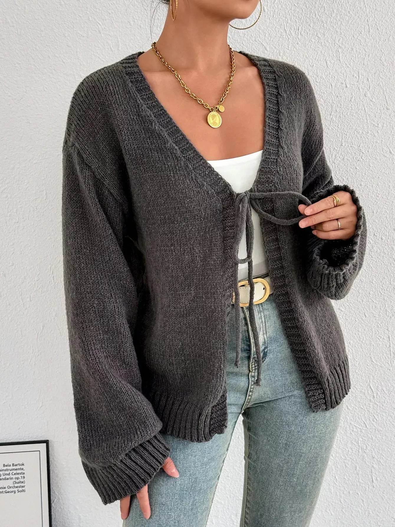 Tie-Front Dropped Shoulder Cardigan - ELY VESSA LLC
