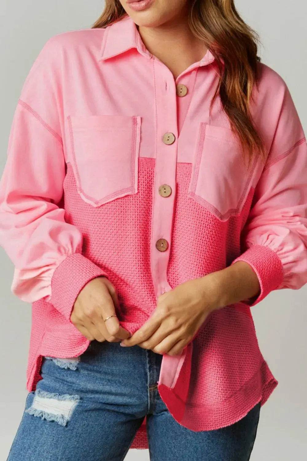 Two Tone Button Up Drop Shoulder Shacket - ELY VESSA LLC