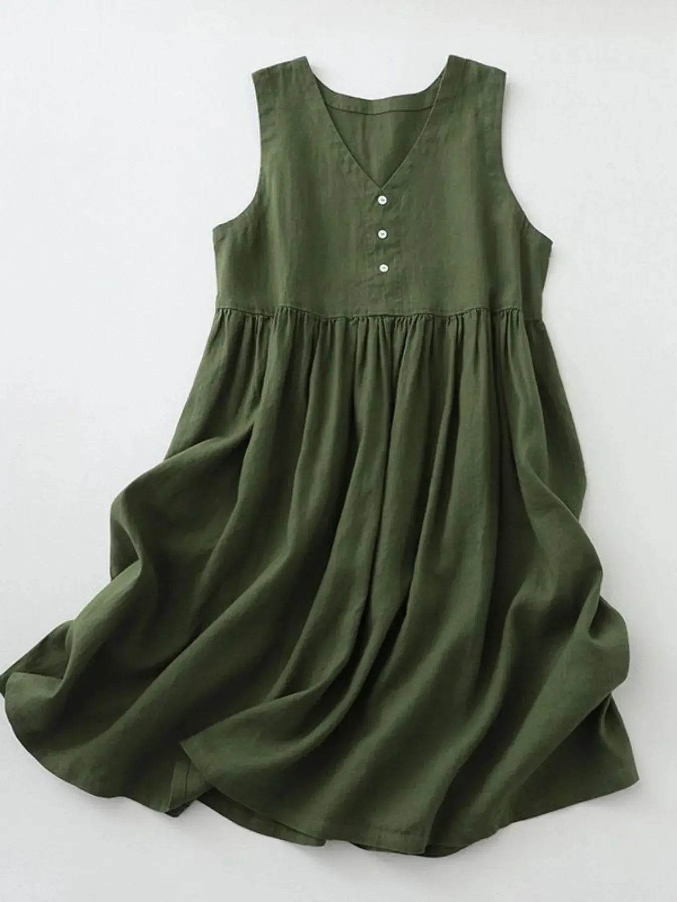 V-Neck Button Detail Sleeveless Midi Dress - ELY VESSA LLC