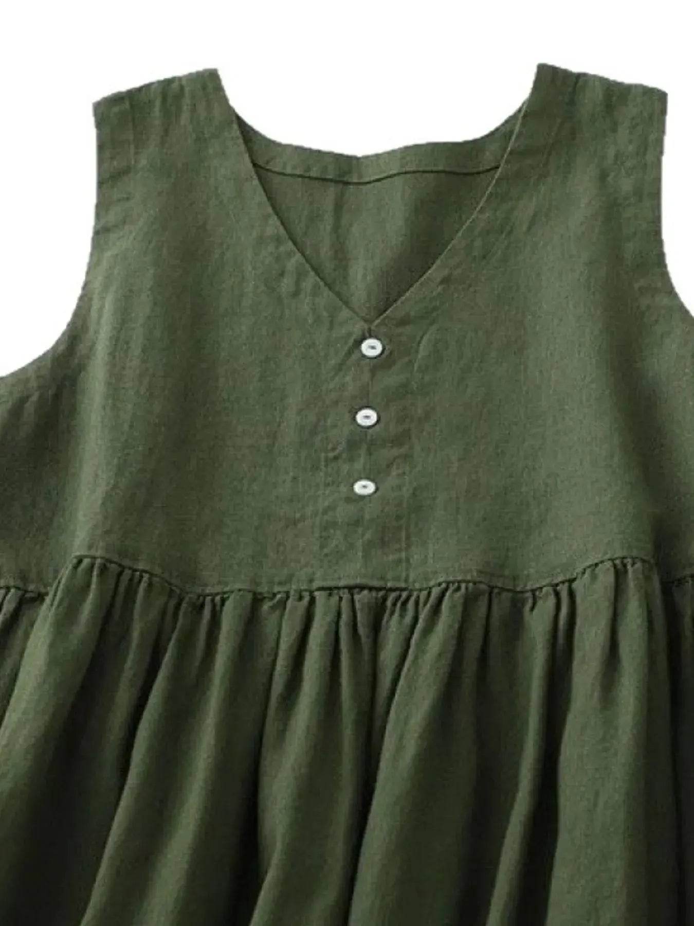 V-Neck Button Detail Sleeveless Midi Dress - ELY VESSA LLC
