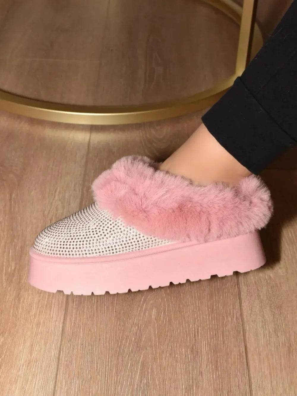WILD DIVA Embellished Faux Fur Platform Booties - ELY VESSA LLC
