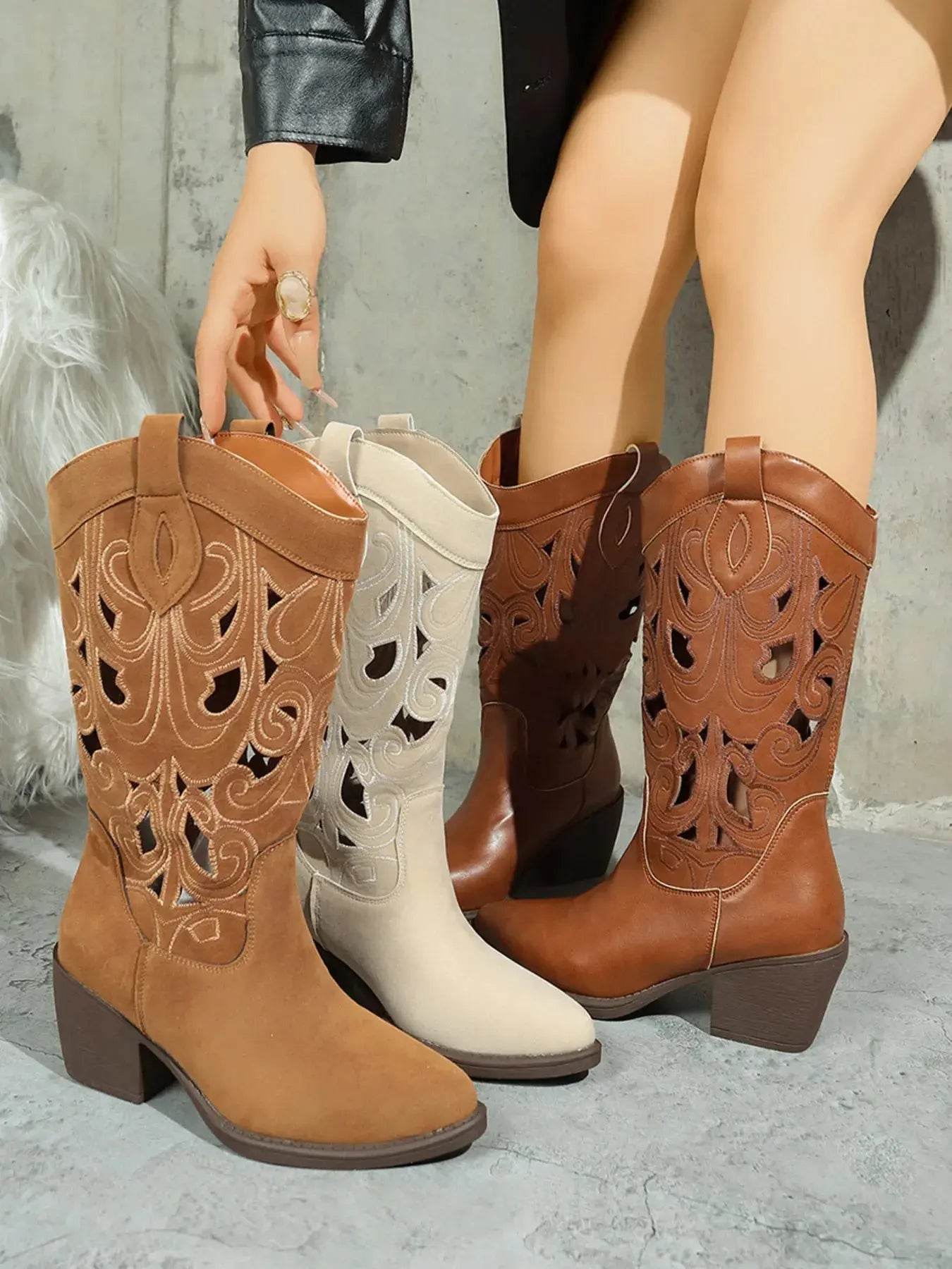 Western Cutout Pattern Block Heel Boots - ELY VESSA LLC