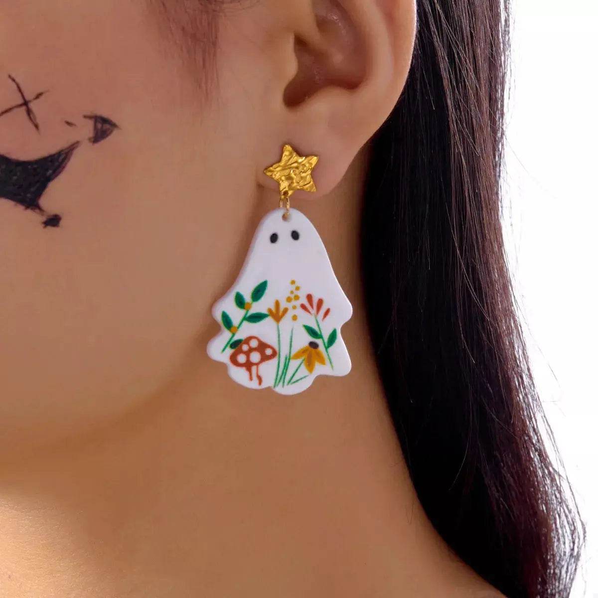 Whimsical Ghost Earrings with Floral Design - ELY VESSA LLC