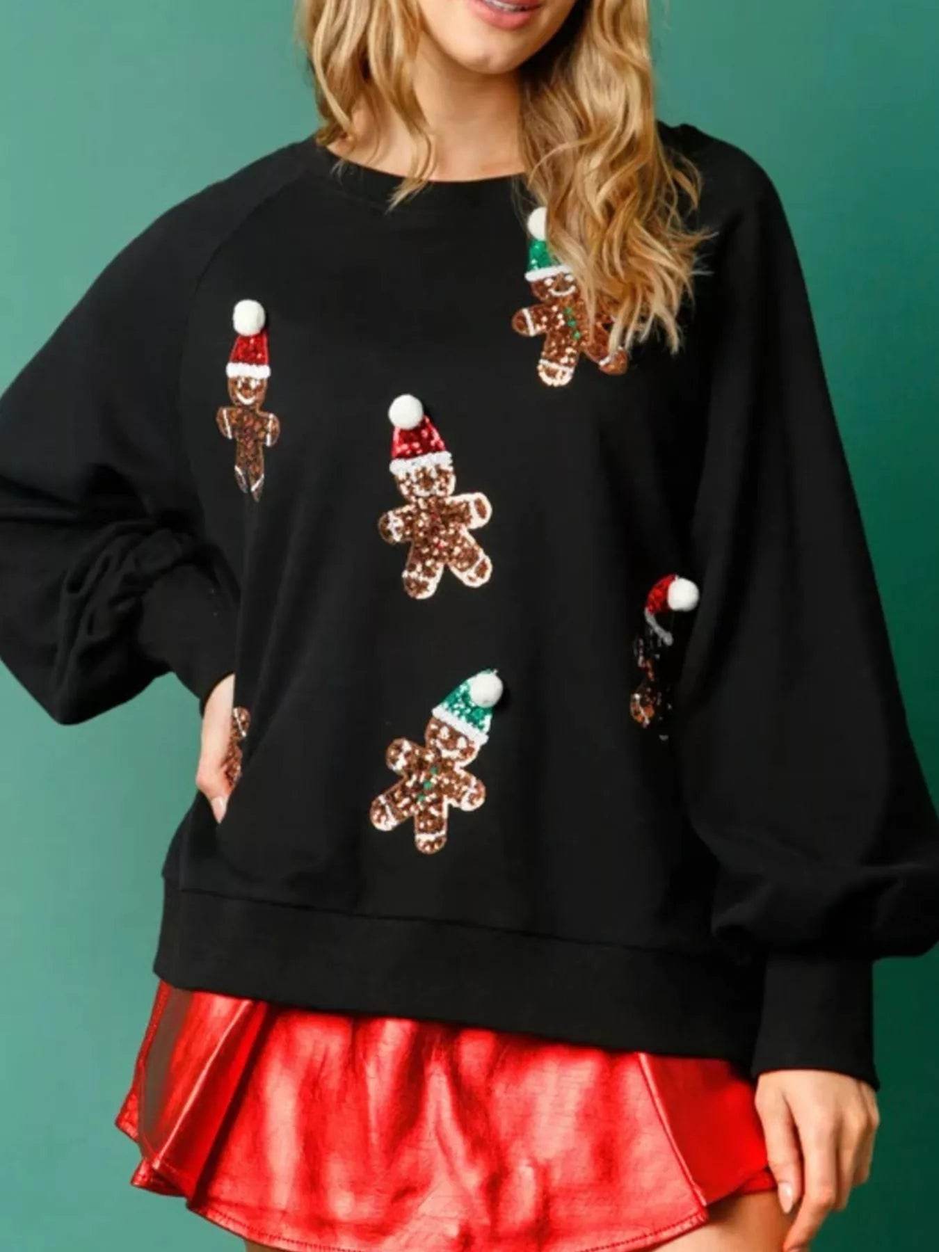 Christmas Sequin Gingerbread Round Neck Sweatshirt - ELY VESSA LLC