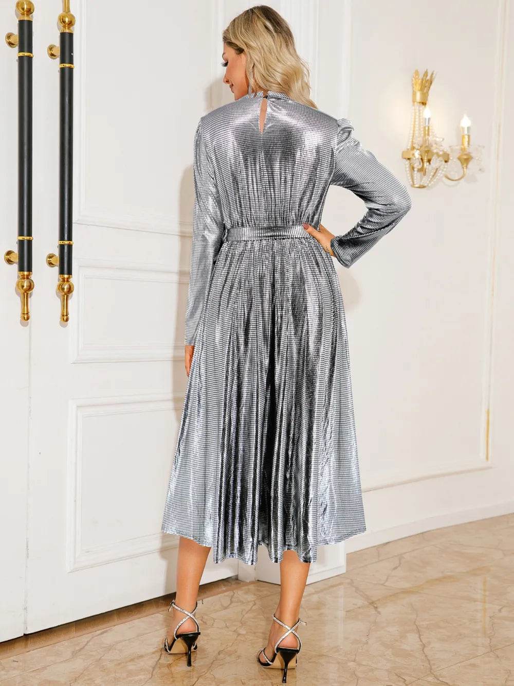 Tie Waist Long Sleeve Midi Dress - ELY VESSA LLC