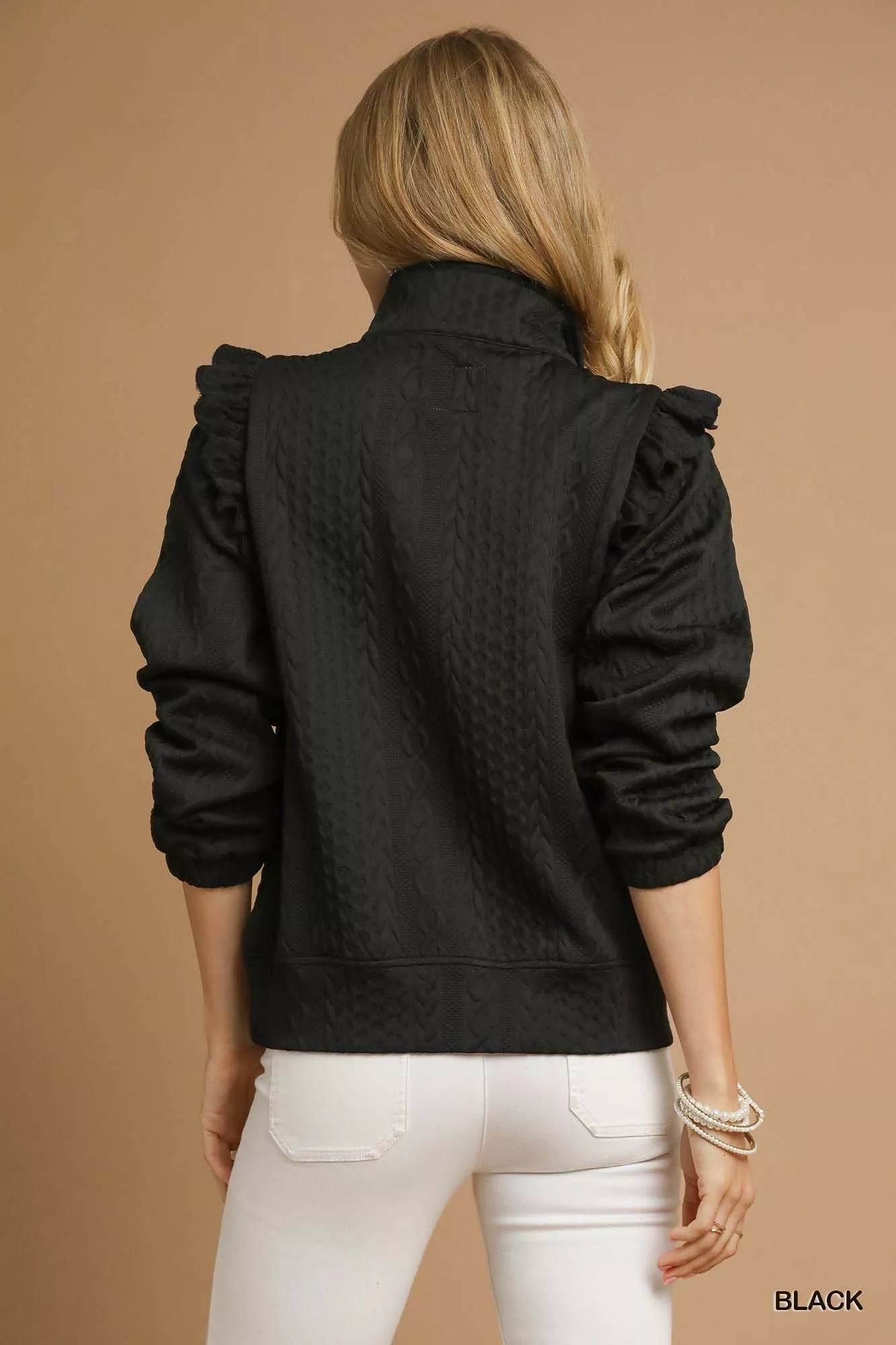 Umgee Cable Knit Textured Pullover with Ruffle Shoulders - ELY VESSA LLC