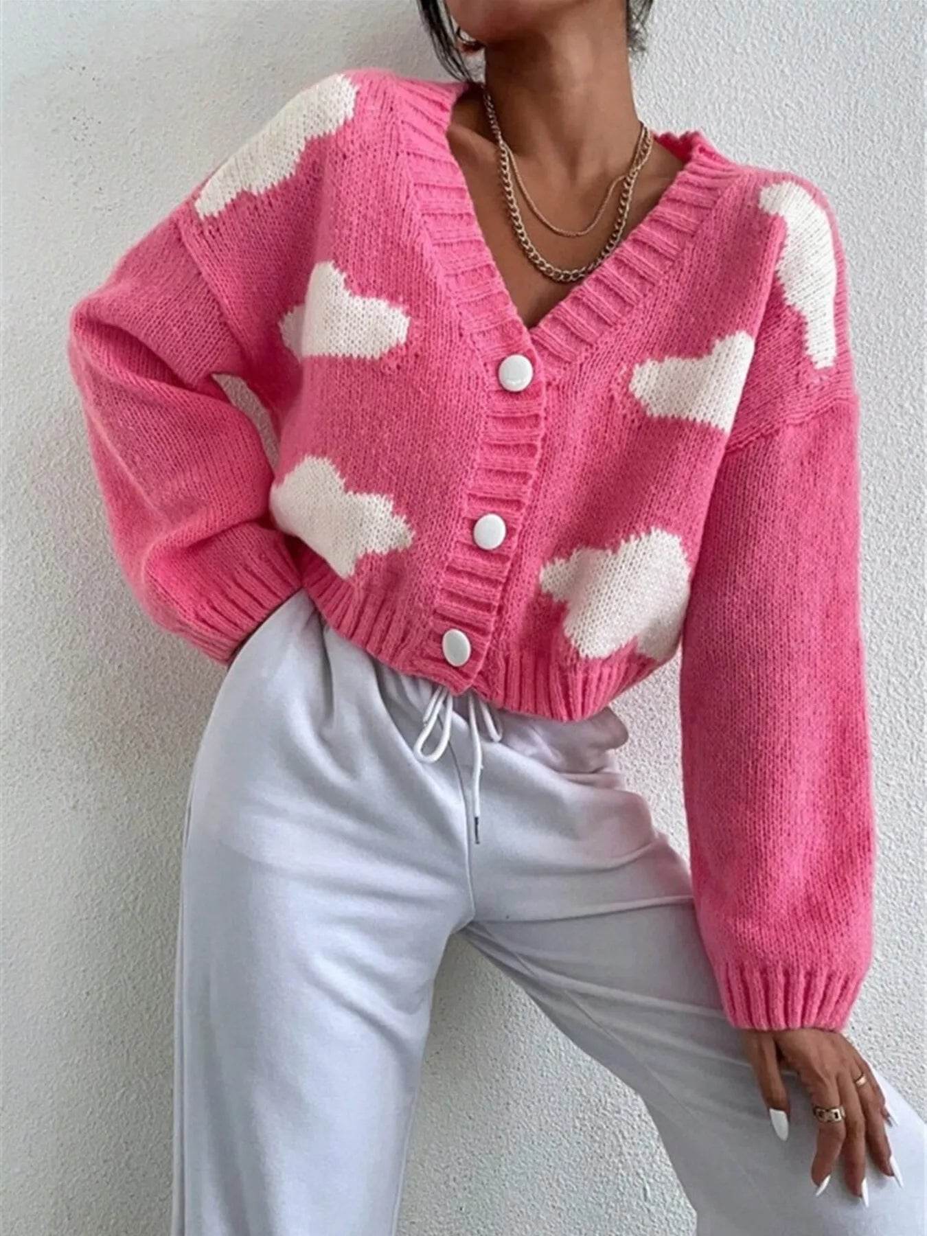 Contrast Cloud Pattern Cropped Button-Up Cardigan - ELY VESSA LLC