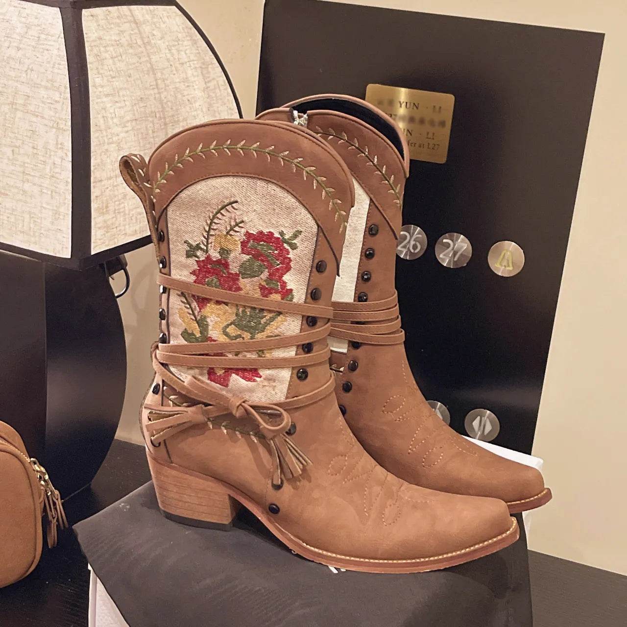 Vintage Floral Embroidered Western Cowgirl Boots - ELY VESSA LLC