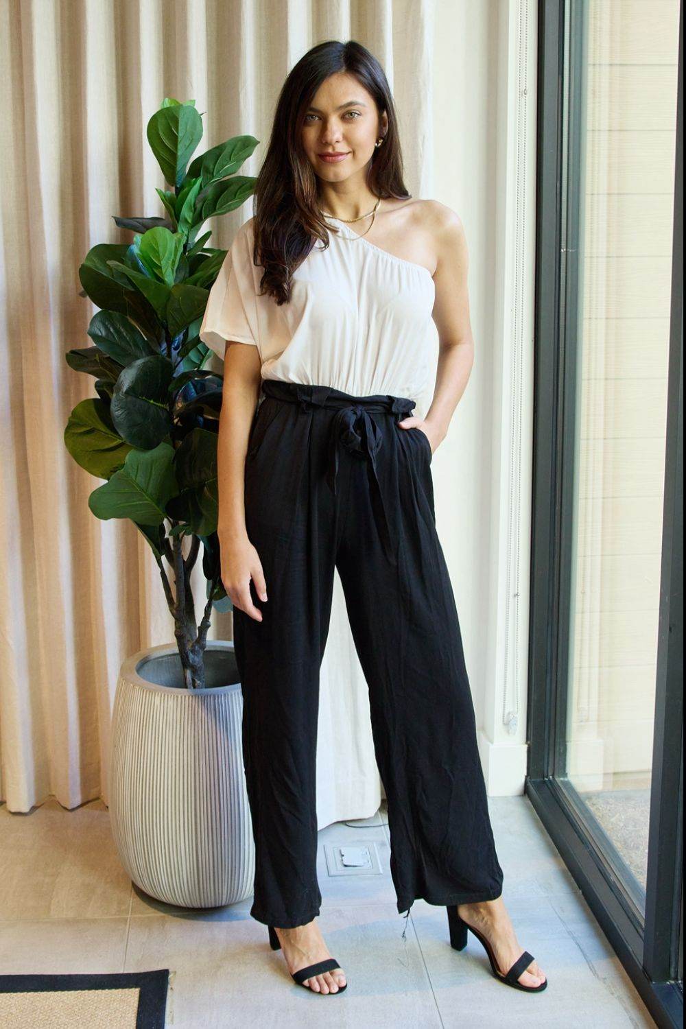 Dress Day Marvelous in Manhattan One-Shoulder Jumpsuit in White/Black - ELY VESSA LLC