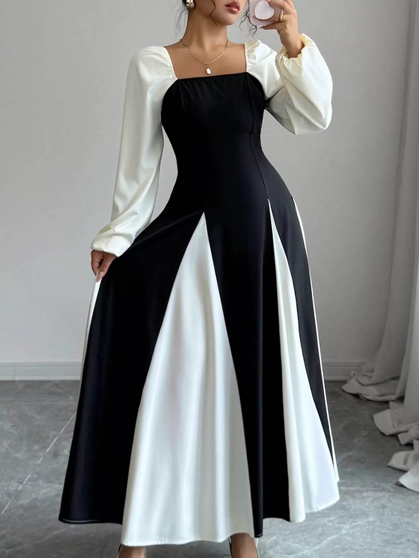 Color Block Square Neck Maxi Dress - ELY VESSA LLC