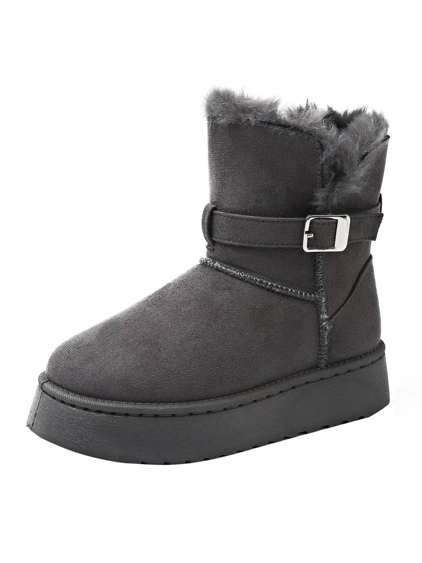 Fur Lining Ankle Boots with Buckle Strap - ELY VESSA LLC