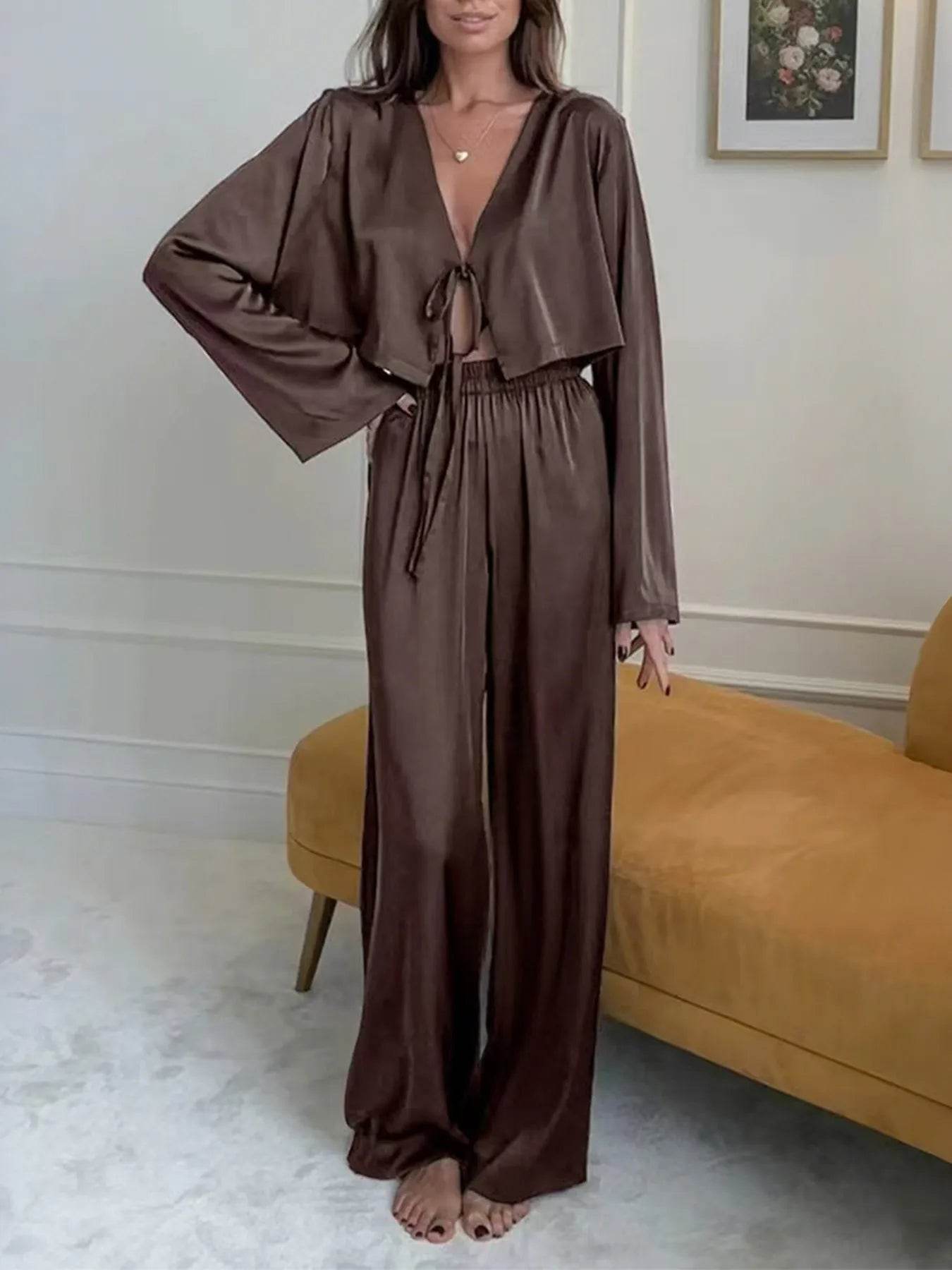 Tie-Front Crop Top and Pants Set - ELY VESSA LLC