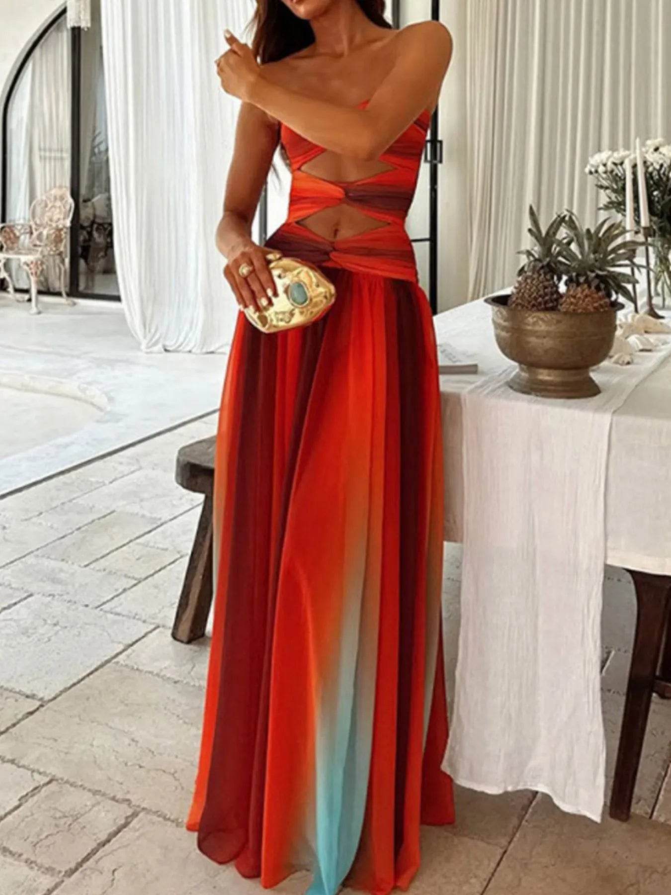 Strapless Cut-Out Rainbow Gradient Maxi Dress - ELY VESSA LLC