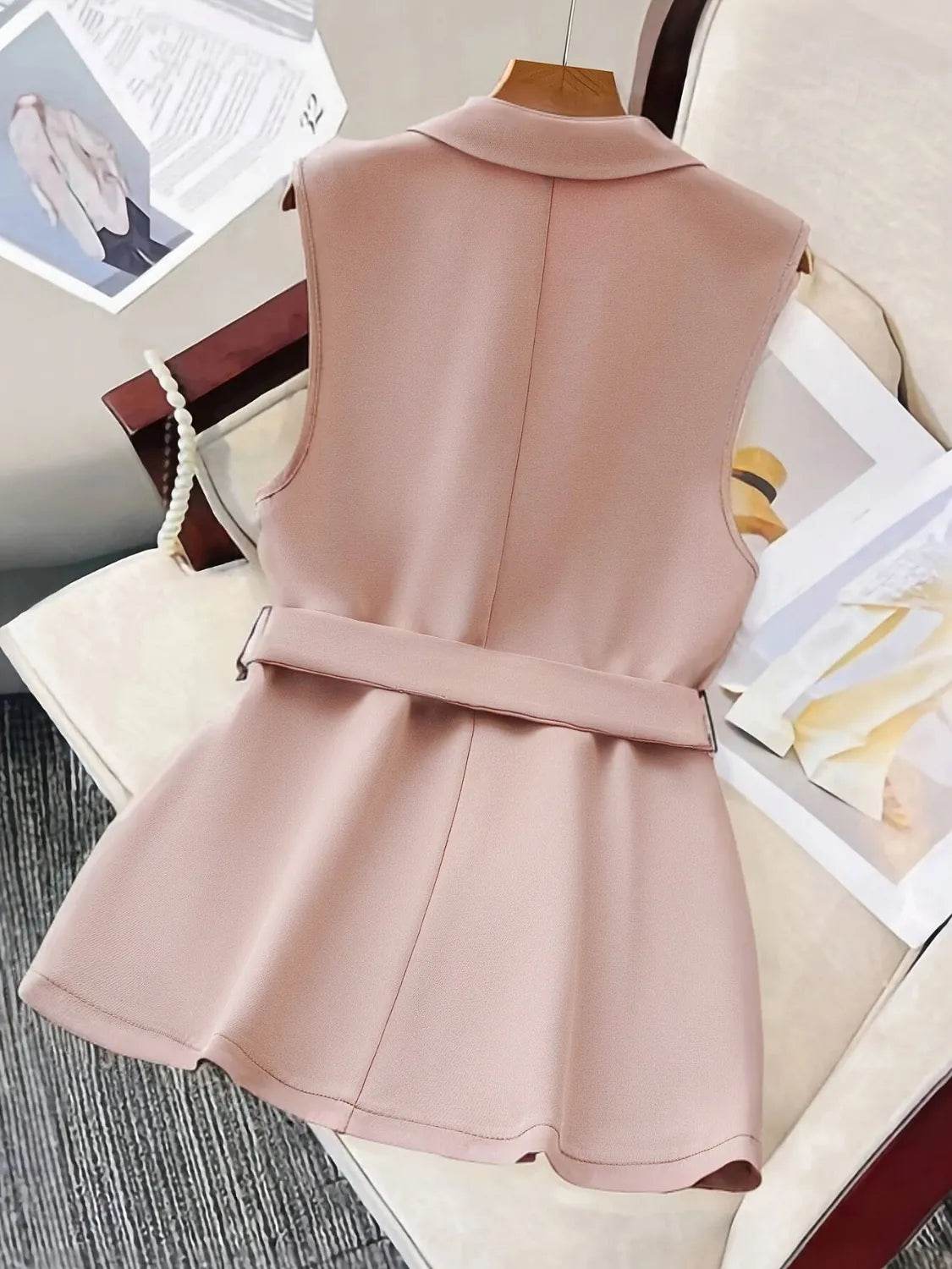Tie Waist Lapel Collar Sleeveless Blazer - ELY VESSA LLC