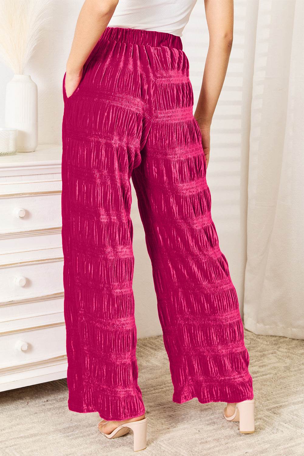 Double Take Full Size High Waist Tiered Shirring Velvet Wide Leg Pants - ELY VESSA LLC