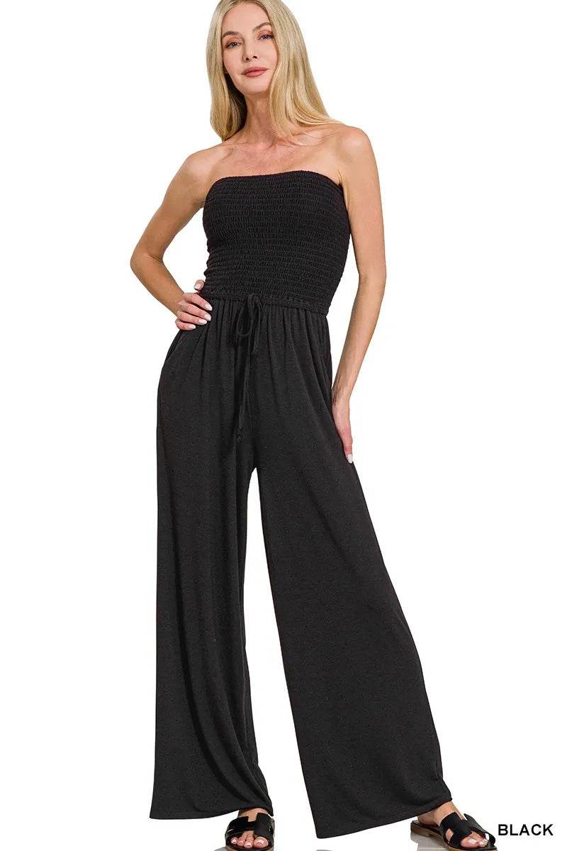 Zenana Strapless Wide Leg Smocked Jumpsuit - ELY VESSA LLC
