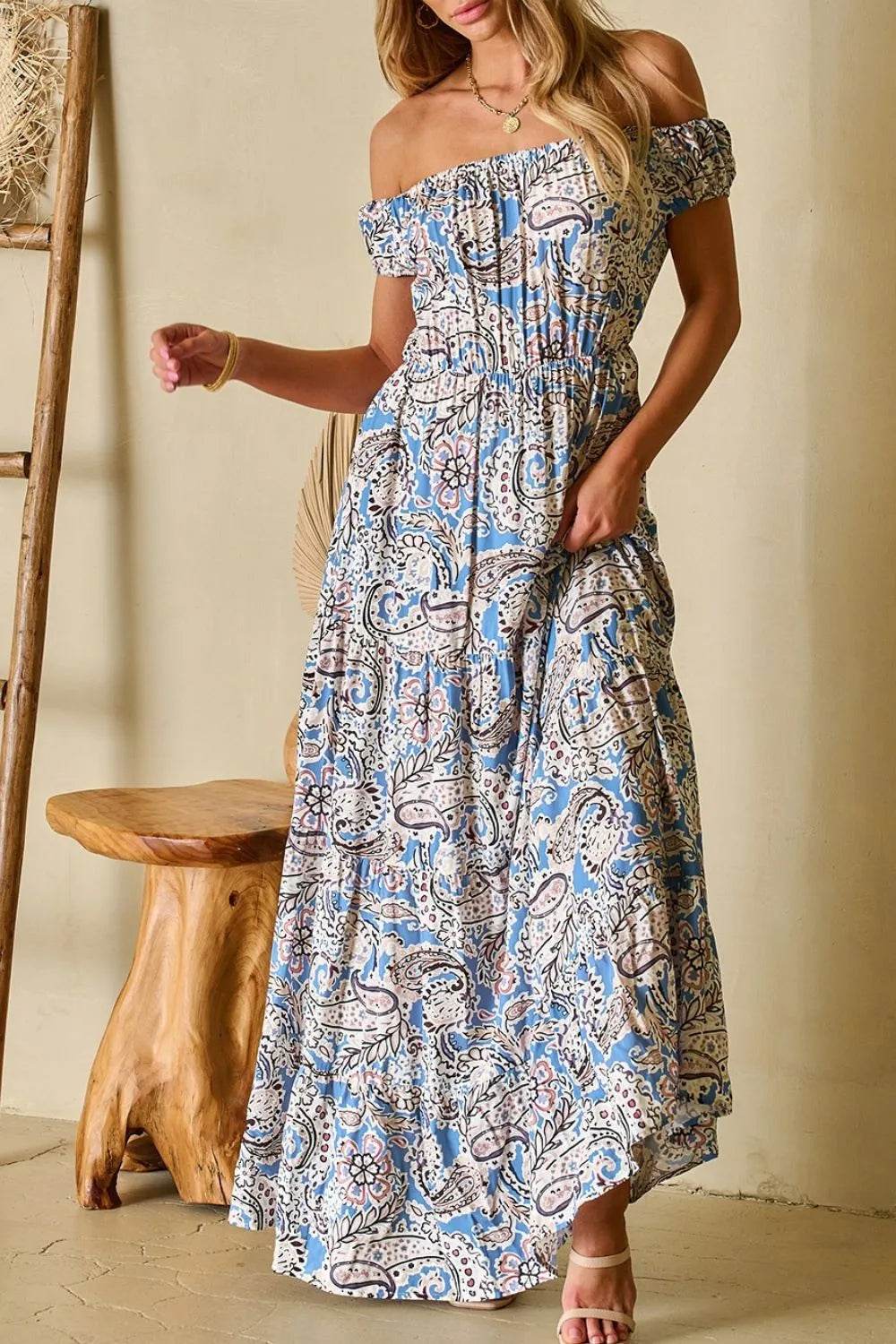 Boho Paisley Print Off Shoulder Maxi Dress - ELY VESSA LLC