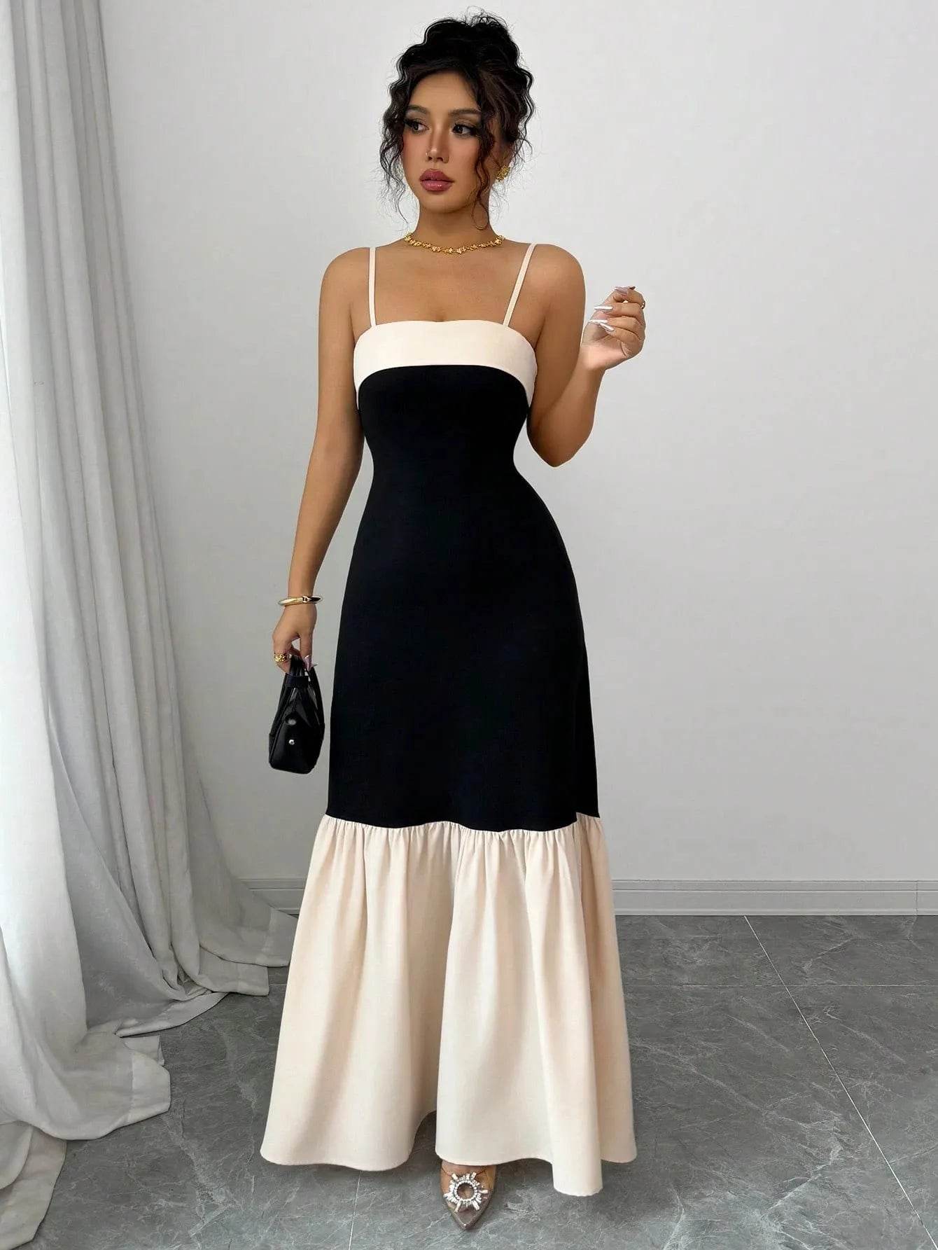 Two-Tone Spaghetti Strap Maxi Dress - ELY VESSA LLC