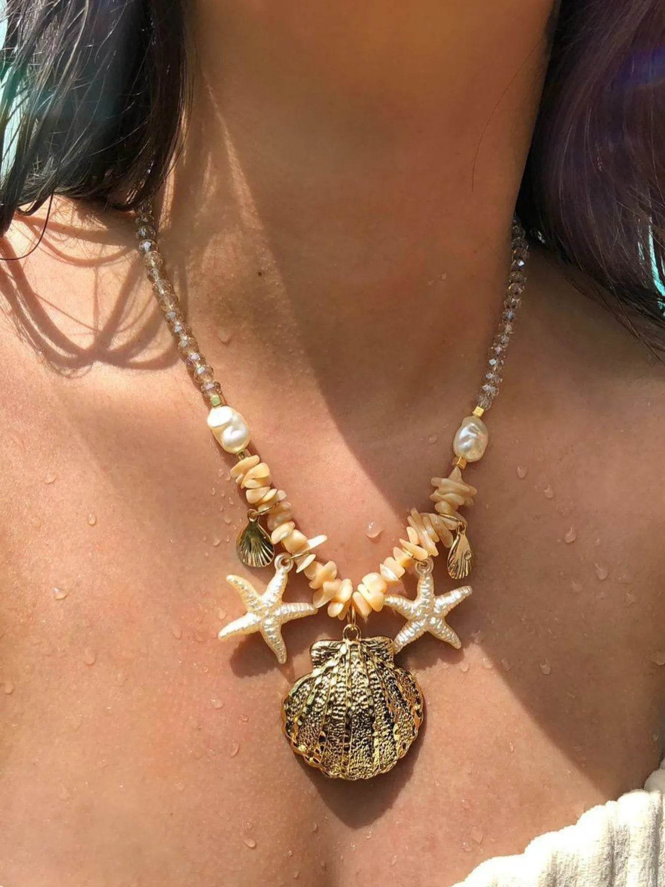 18K Gold-Plated Beach Shell Starfish Pendant Necklace - ELY VESSA LLC