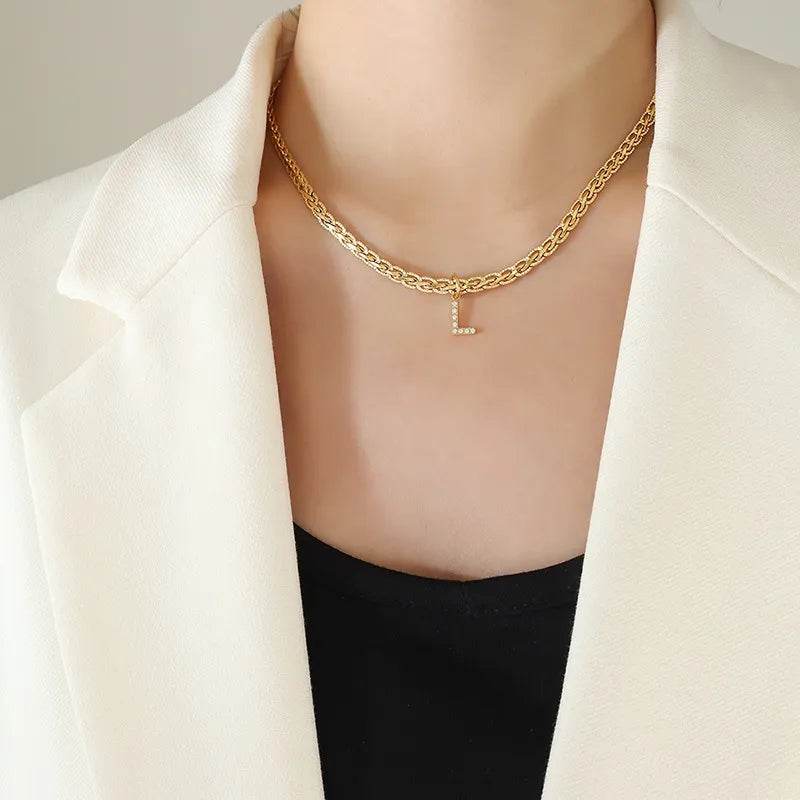 Brass Inlaid Zircon Letter Pendant Necklace - ELY VESSA LLC