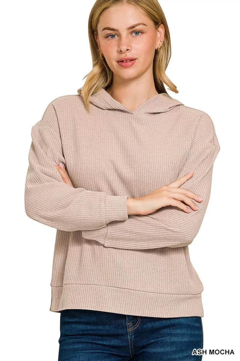 Zenana Ribbed Long Sleeve Hoodie - ELY VESSA LLC