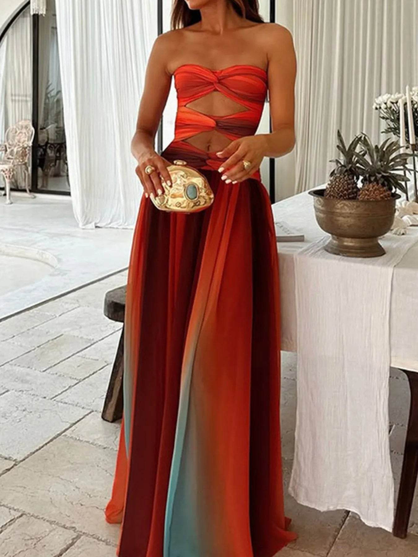 Strapless Cut-Out Rainbow Gradient Maxi Dress - ELY VESSA LLC