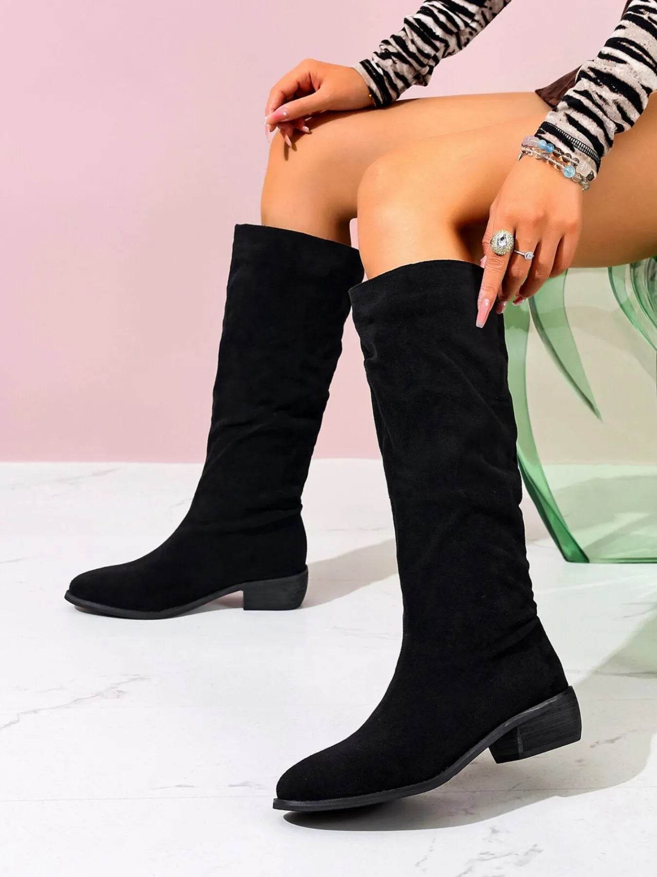 Point Toe Block Heels Boots - ELY VESSA LLC