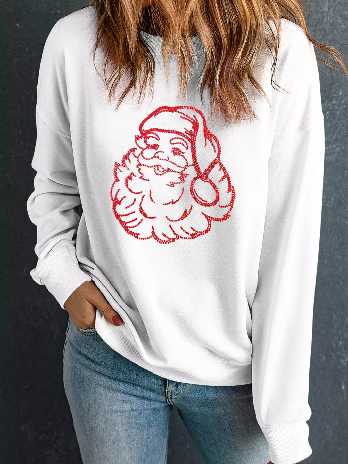Christmas Santa Rhinestone Drop Shoulder Sweatshirt - ELY VESSA LLC