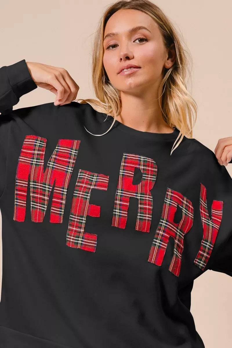 BiBi Plaid Merry Lettering Christmas Fleece Sweatshirt - ELY VESSA LLC
