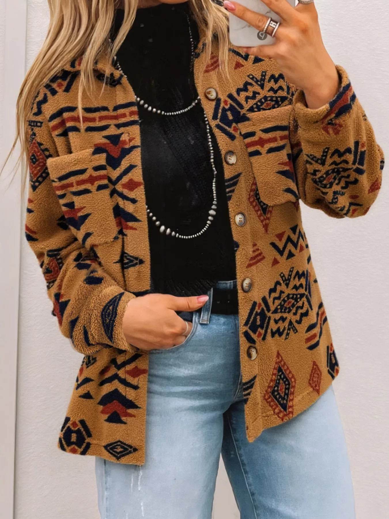 Western Aztec Pattern Fleece Button-Up Shacket - ELY VESSA LLC
